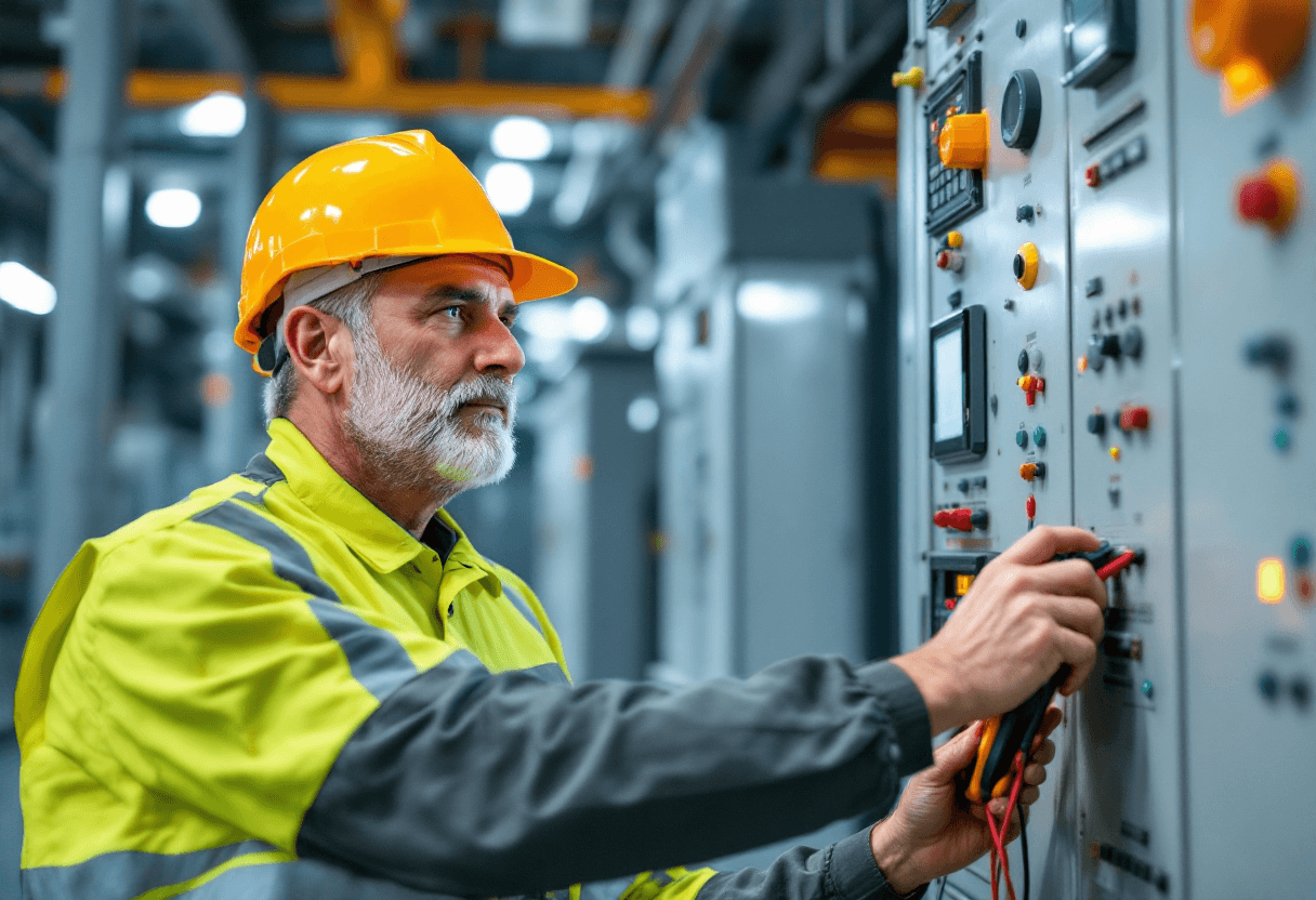 Electrical testing specialist in arc flash protection gear working on high voltage equipment