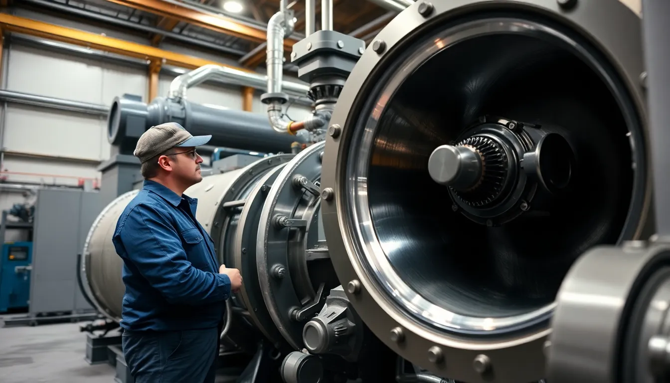 Mechanical commissioning engineer inspecting industrial rotating equipment and machinery systems