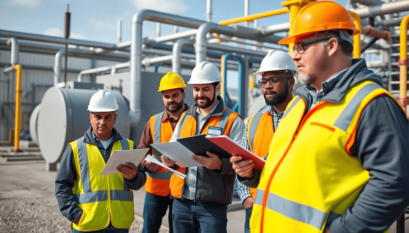 Industrial team conducting pre-commissioning system verification tests at compressor station