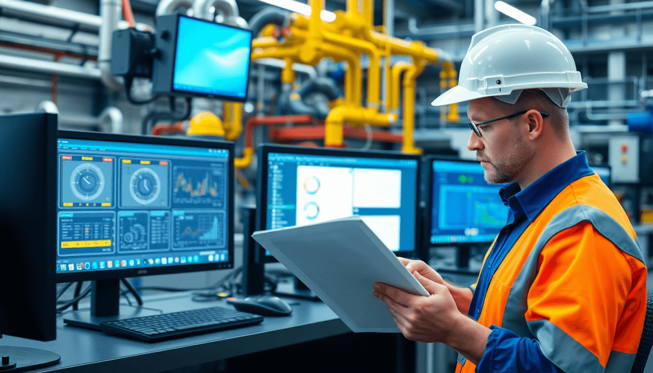 Professional commissioning engineer working in industrial control room